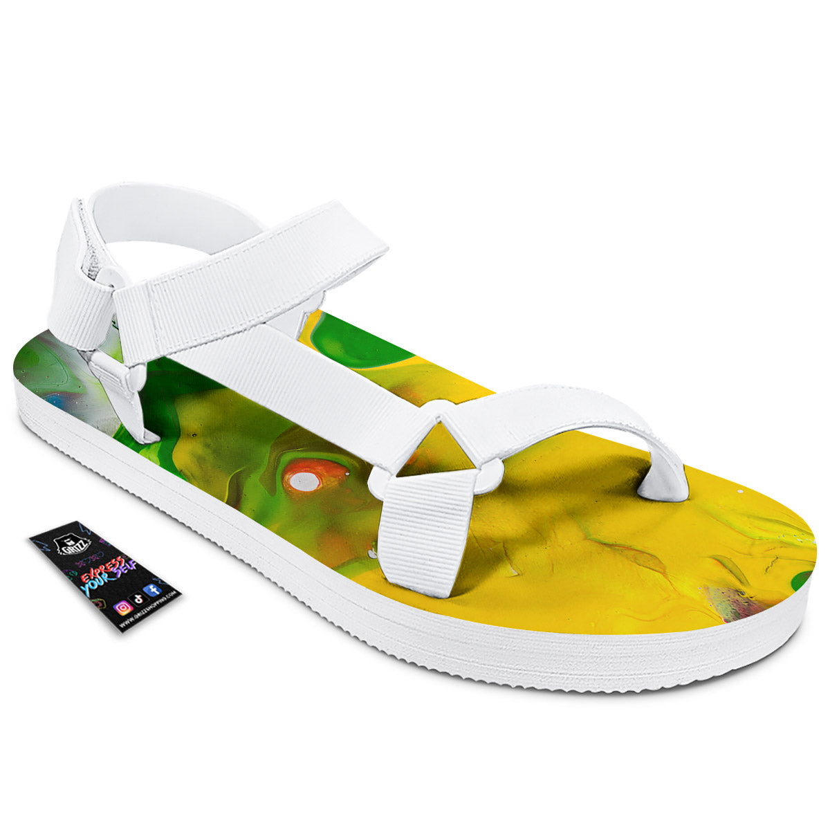 Acid Melt Yellow And Green Print White Open Toe Sandals-grizzshop