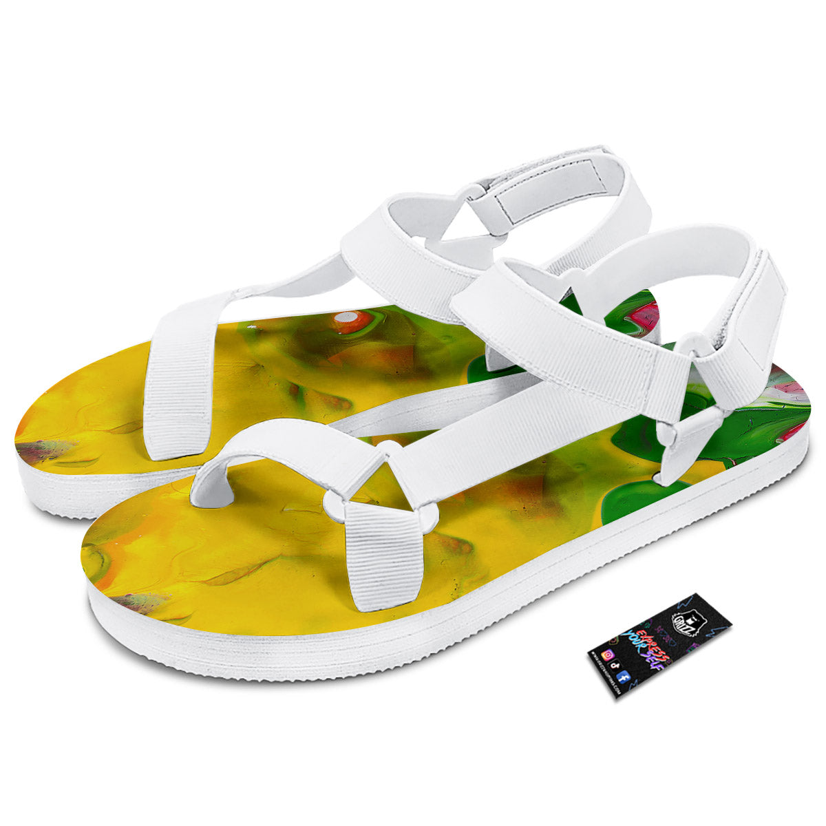 Acid Melt Yellow And Green Print White Open Toe Sandals-grizzshop