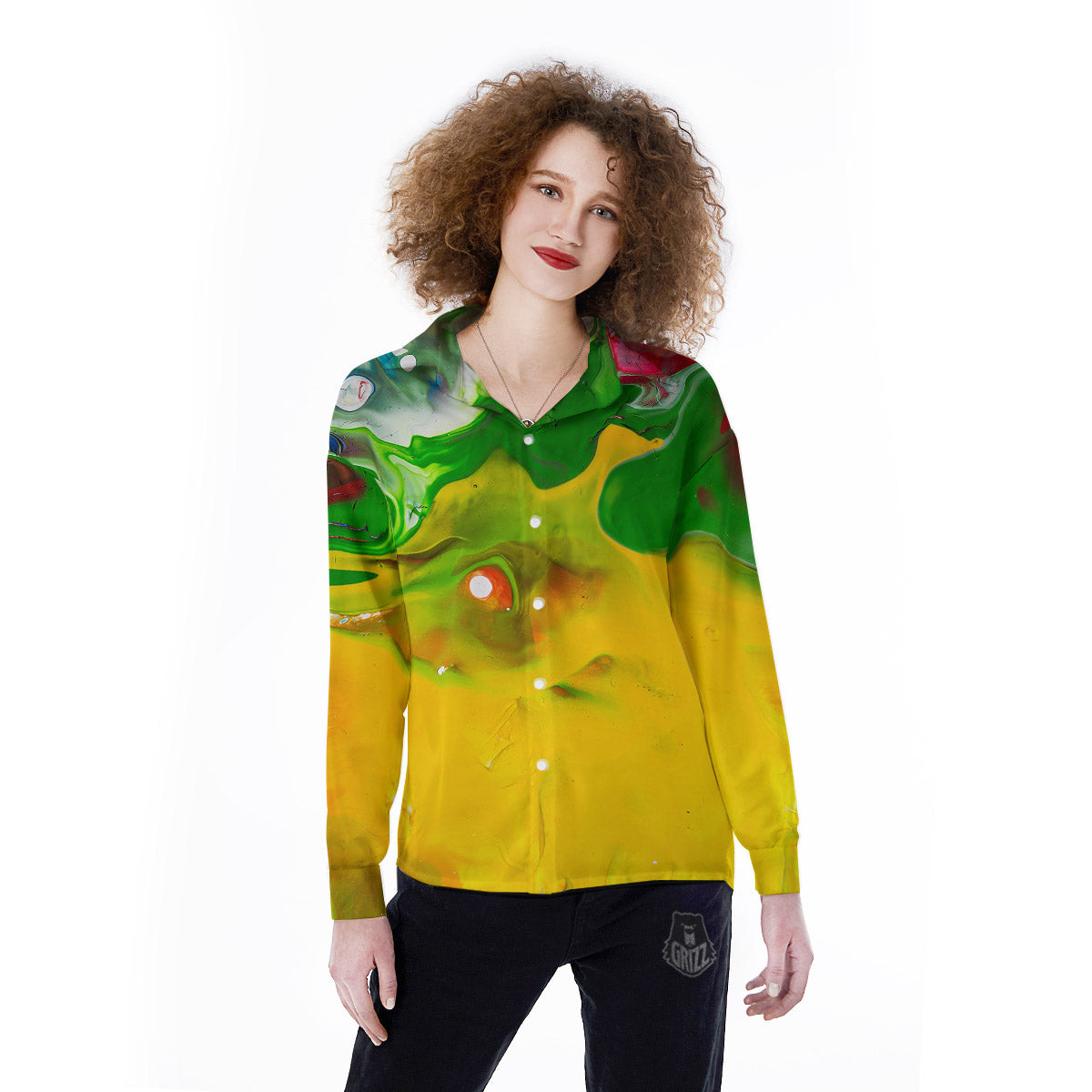 Acid Melt Yellow And Green Print Women's Long Sleeve Shirts-grizzshop