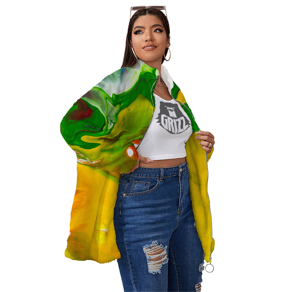 Acid Melt Yellow And Green Print Women's Sherpa Jacket-grizzshop