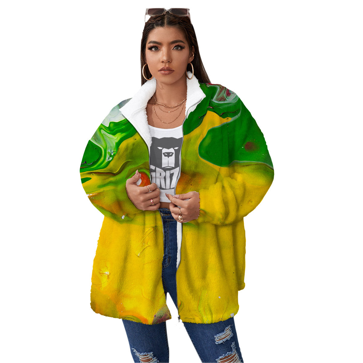 Acid Melt Yellow And Green Print Women's Sherpa Jacket-grizzshop