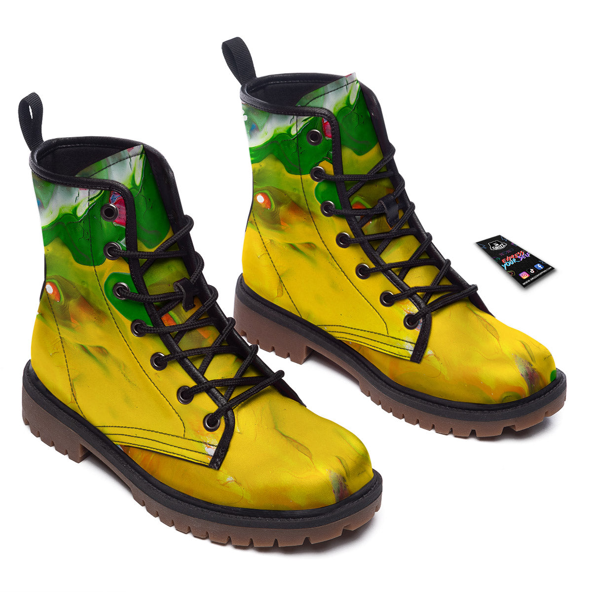 Acid Melt Yellow And Green Print Work Boots-grizzshop