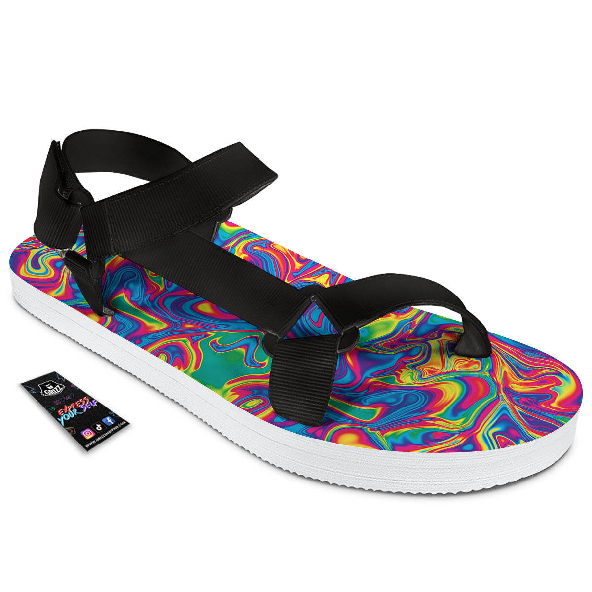 Acid Psychedelic Print Pattern Black Open Toe Sandals-grizzshop