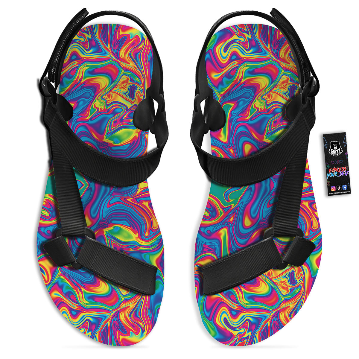 Acid Psychedelic Print Pattern Black Open Toe Sandals-grizzshop