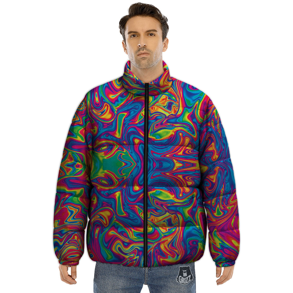 Acid Psychedelic Print Pattern Puffer Jacket-grizzshop