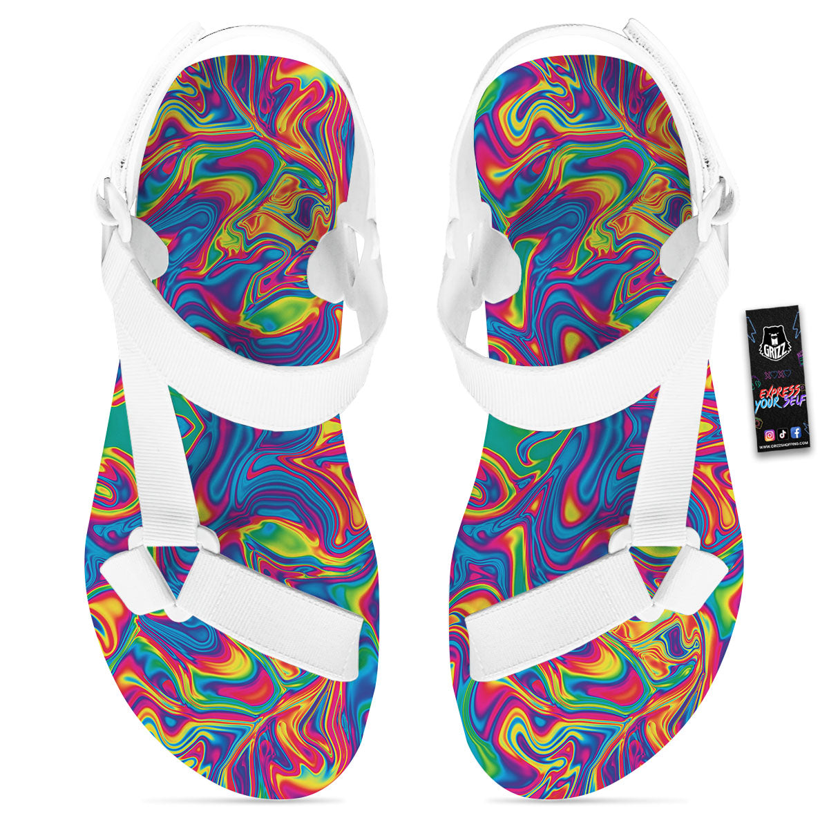 Acid Psychedelic Print Pattern White Open Toe Sandals-grizzshop