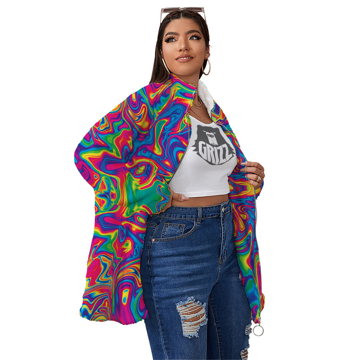 Acid Psychedelic Print Pattern Women's Sherpa Jacket-grizzshop