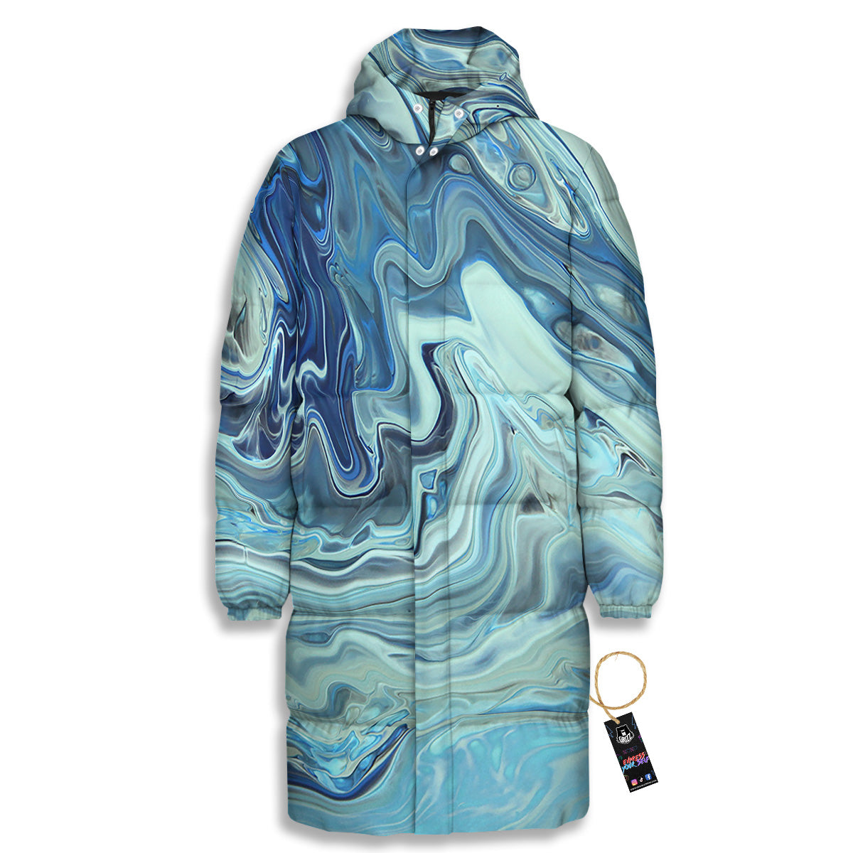 Acid Melt Blue Ocean Print Long Down Jacket