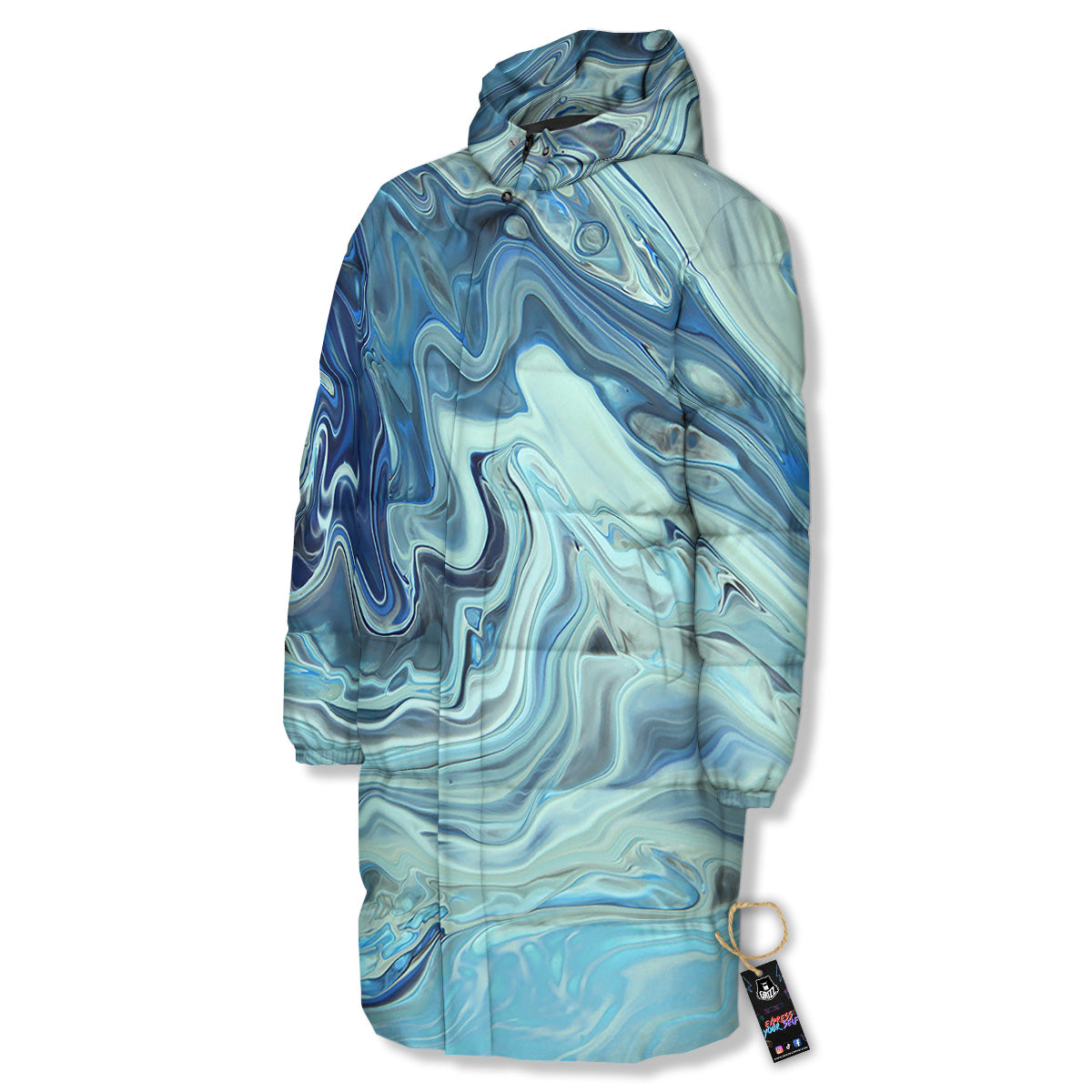 Acid Melt Blue Ocean Print Long Down Jacket