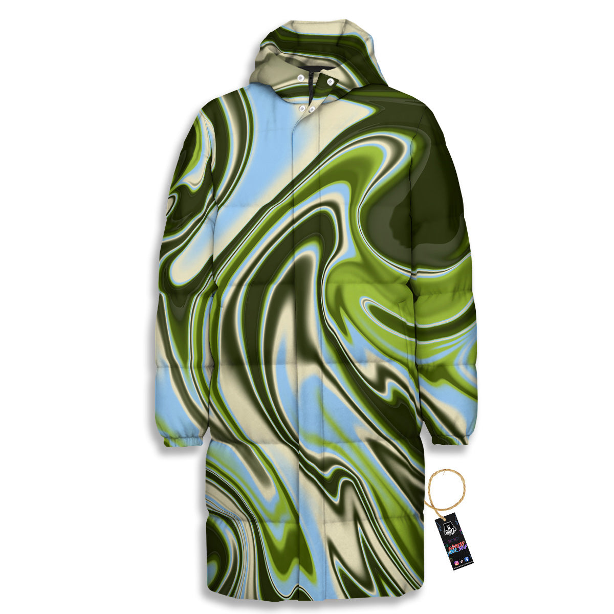 Acid Melt Green Print Long Down Jacket