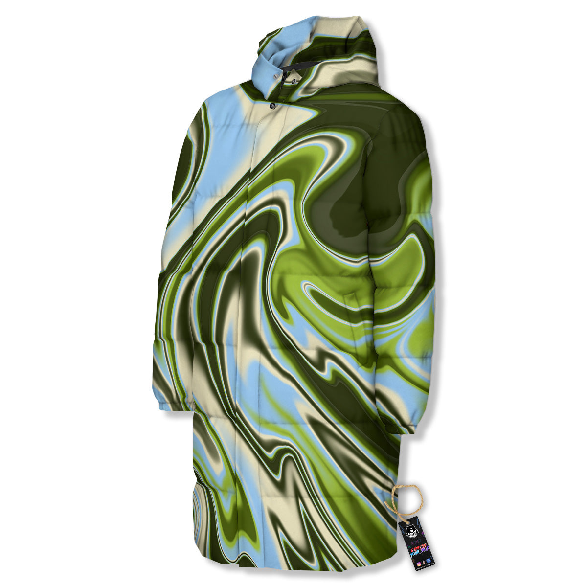 Acid Melt Green Print Long Down Jacket