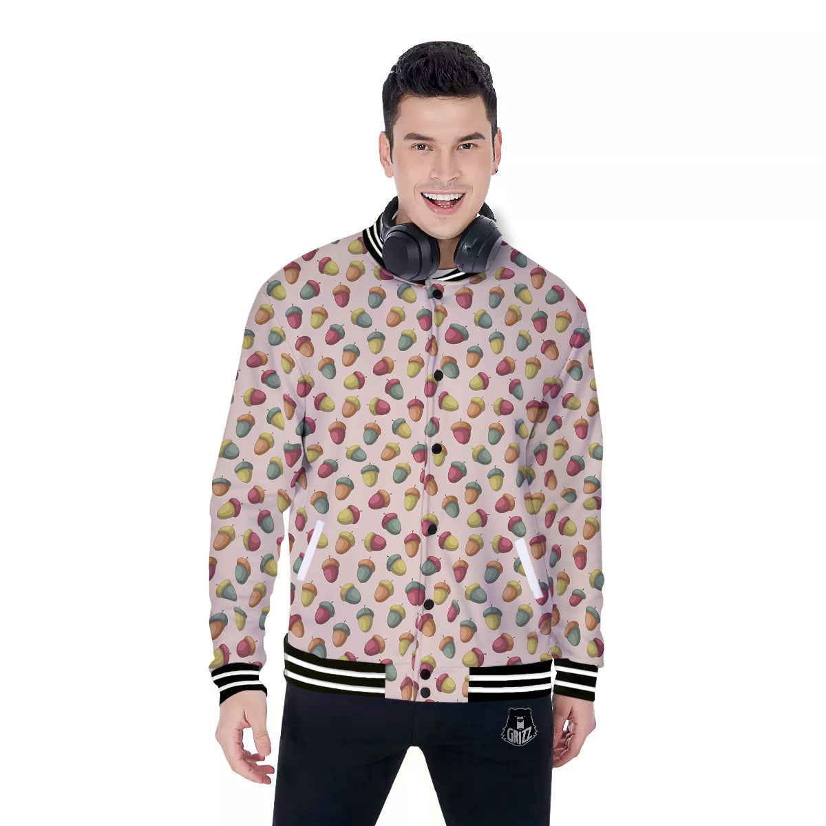 Acorn Beige Color Print Pattern Baseball Jacket-grizzshop