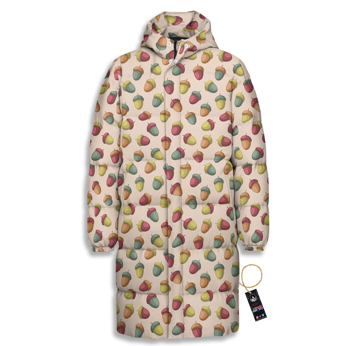 Acorn Beige Color Print Pattern Long Down Jacket-grizzshop