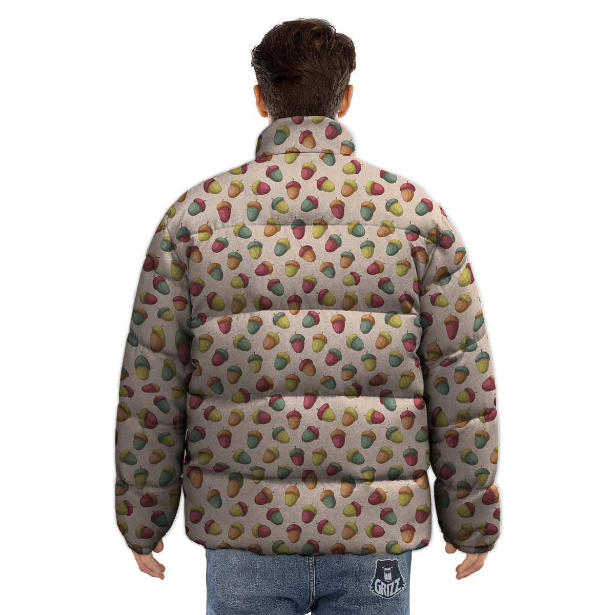 Acorn Beige Color Print Pattern Puffer Jacket-grizzshop