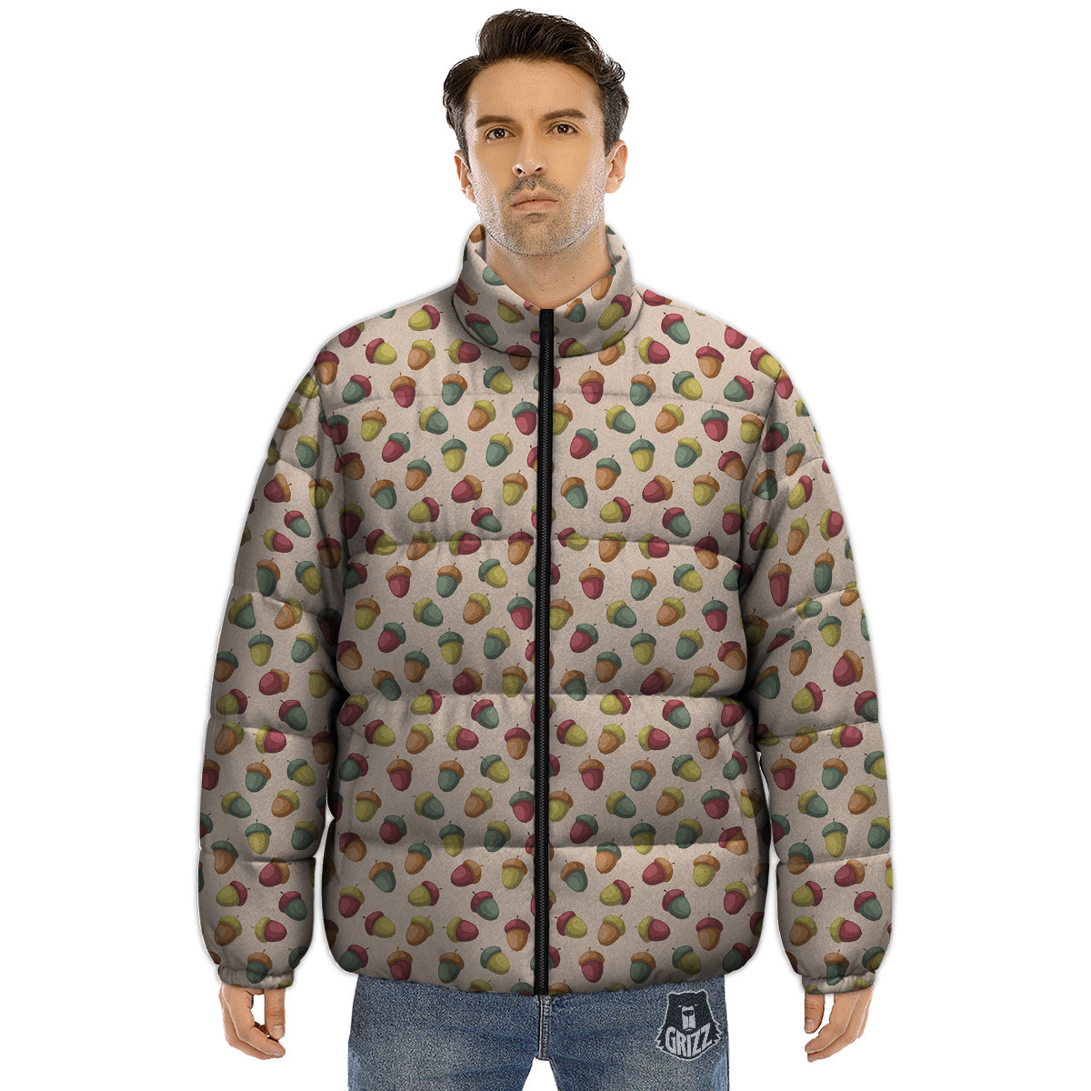 Acorn Beige Color Print Pattern Puffer Jacket-grizzshop