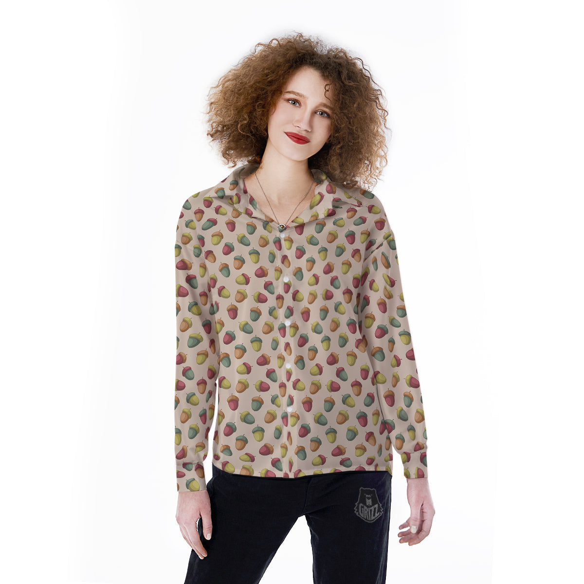 Acorn Beige Color Print Pattern Women's Long Sleeve Shirts-grizzshop