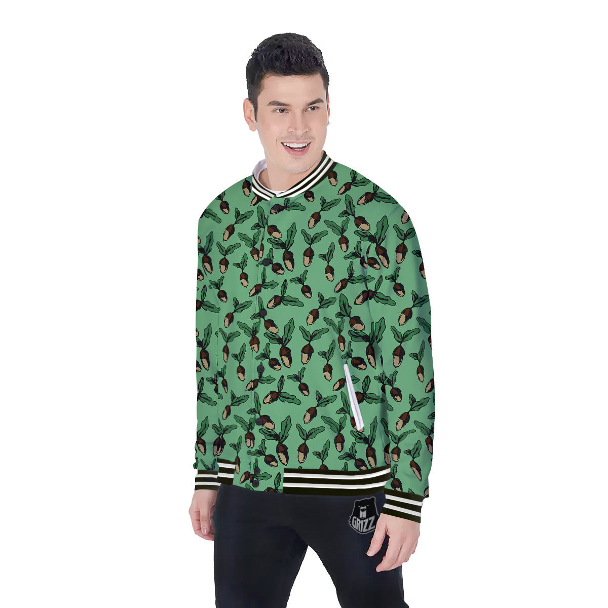 Acorn Green Print Pattern Baseball Jacket-grizzshop