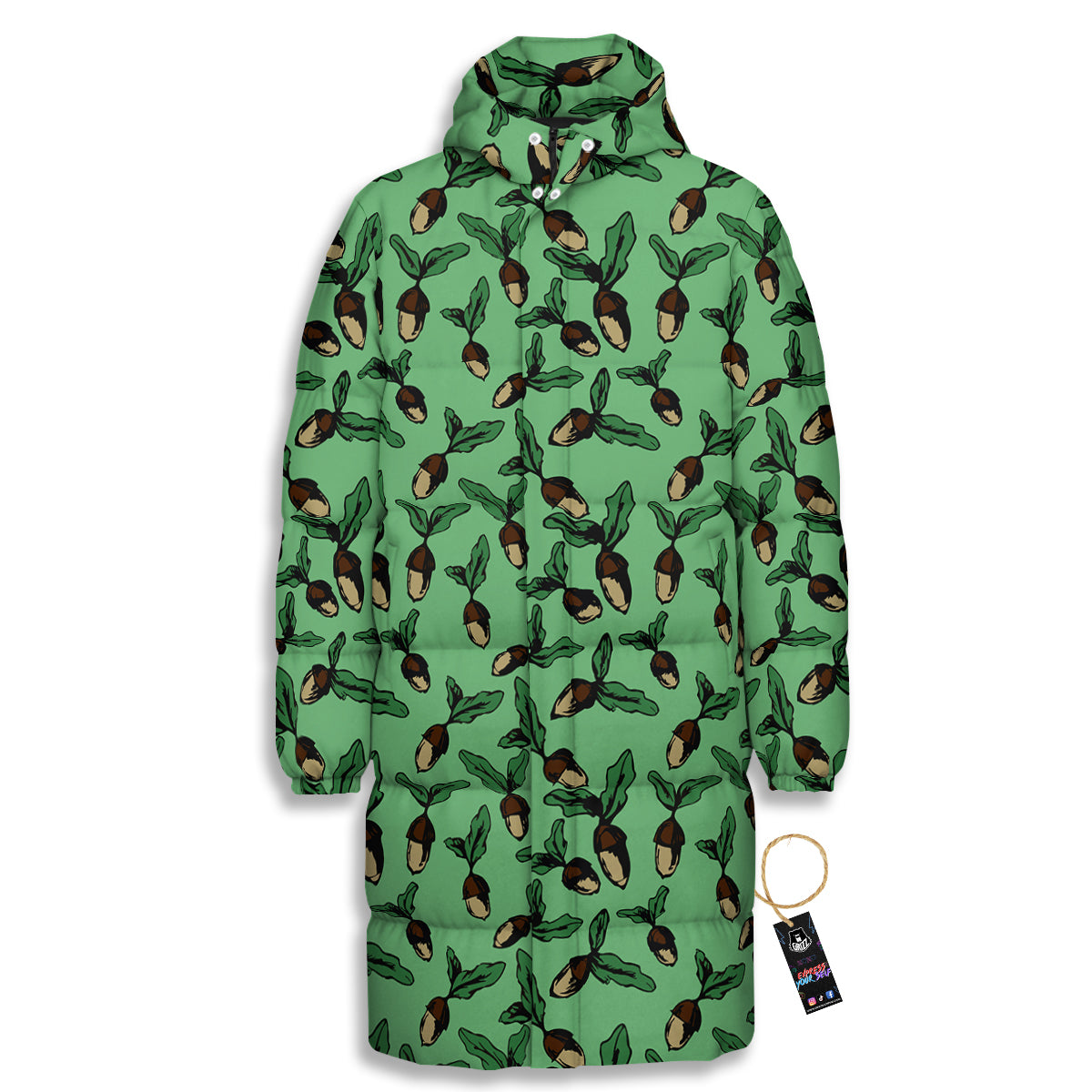 Acorn Green Print Pattern Long Down Jacket-grizzshop
