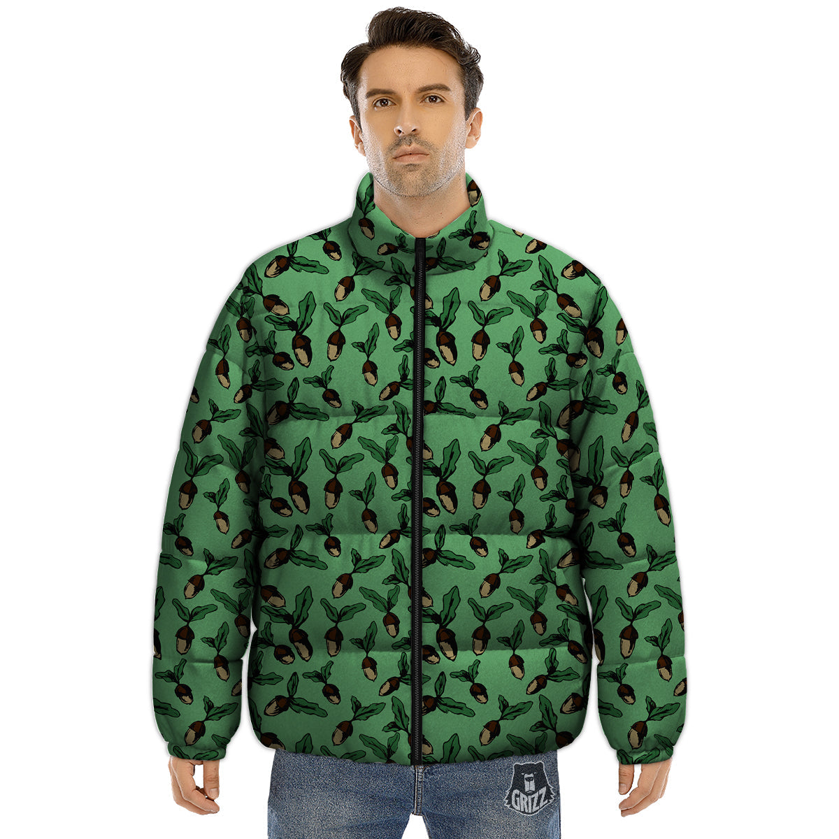Acorn Green Print Pattern Puffer Jacket-grizzshop