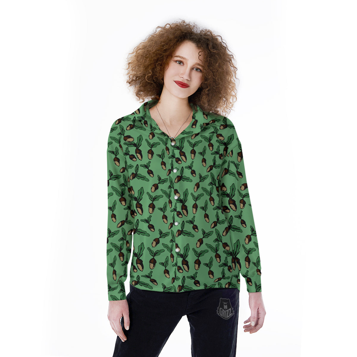 Acorn Green Print Pattern Women's Long Sleeve Shirts-grizzshop