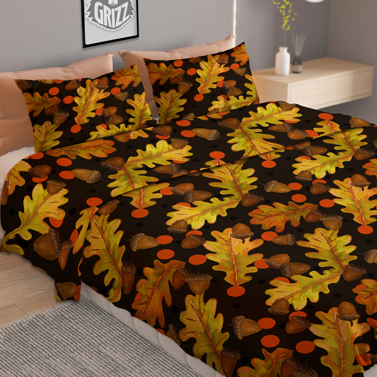 Acorn Leaf Print Pattern Duvet Cover Bedding Set