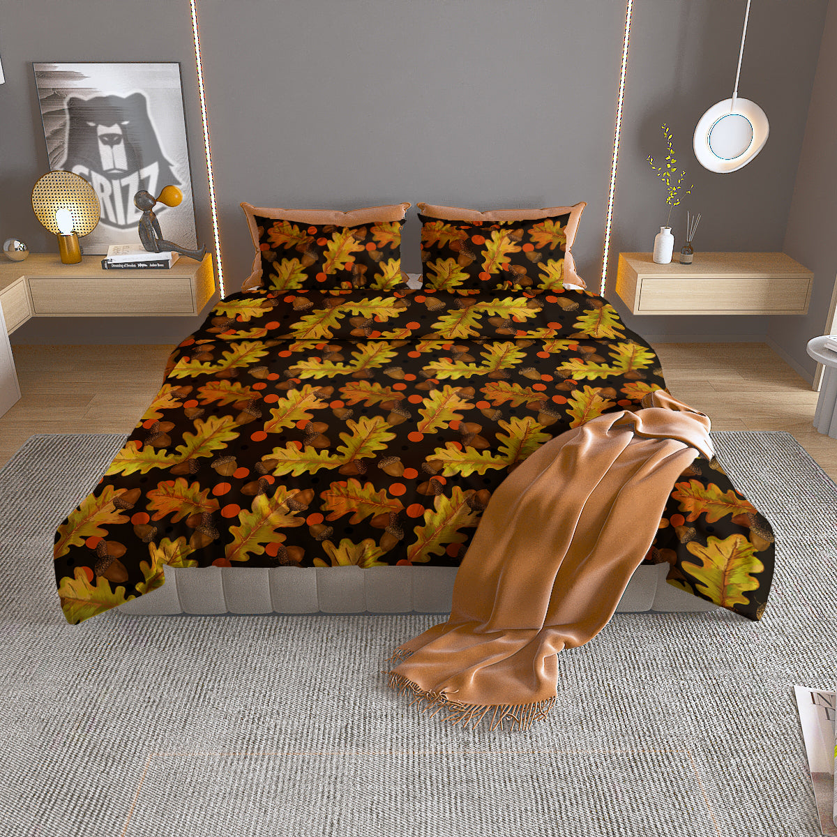 Acorn Leaf Print Pattern Duvet Cover Bedding Set