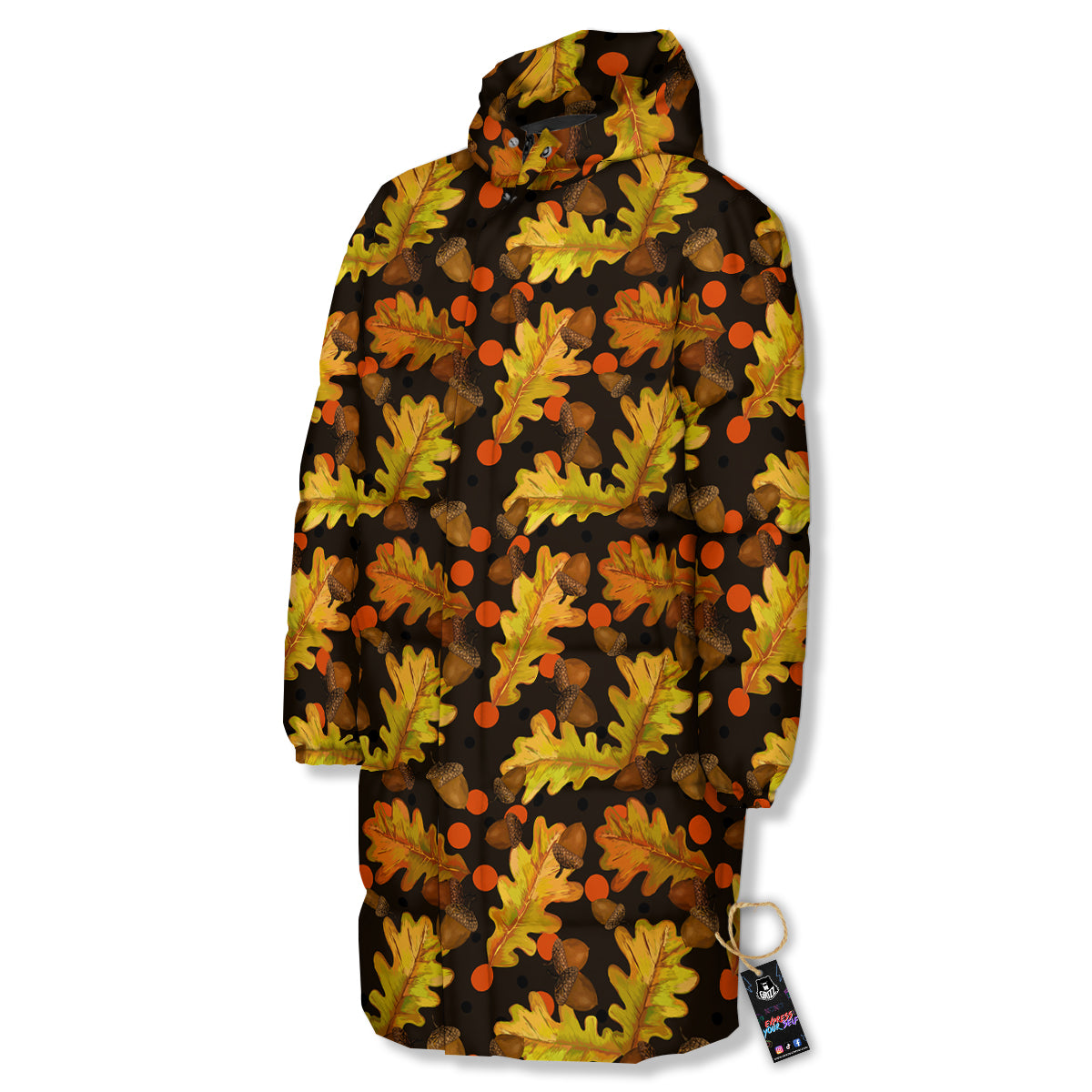 Acorn Leaf Print Pattern Long Down Jacket-grizzshop