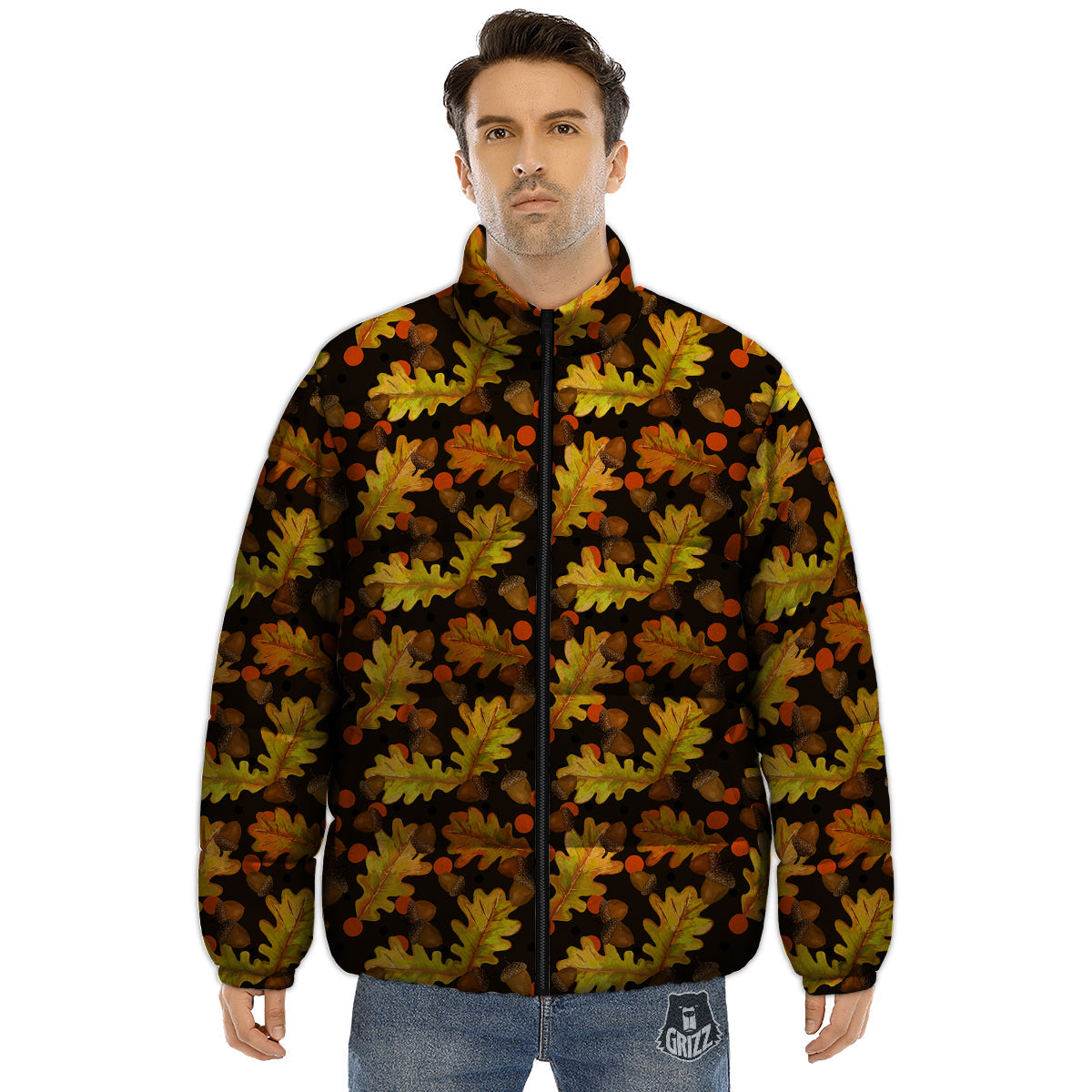 Acorn Leaf Print Pattern Puffer Jacket-grizzshop