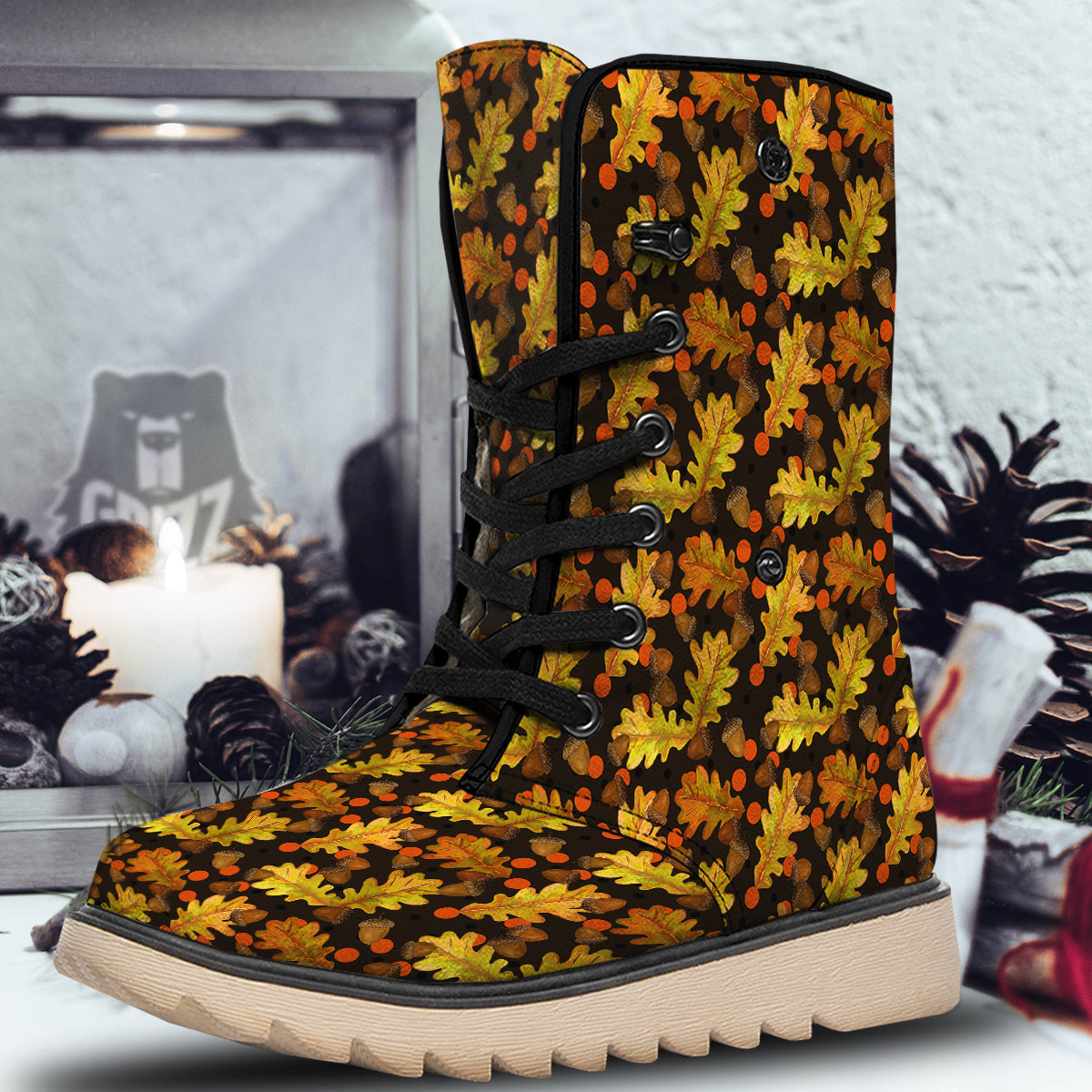 Acorn Leaf Print Pattern Snow Boots-grizzshop