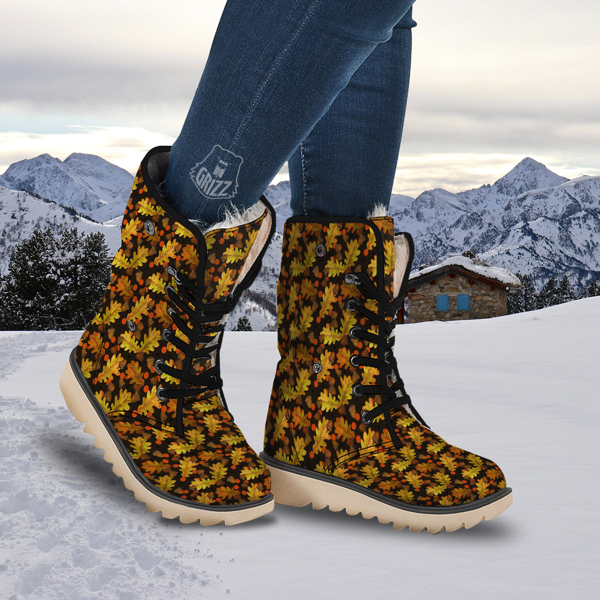 Acorn Leaf Print Pattern Snow Boots-grizzshop