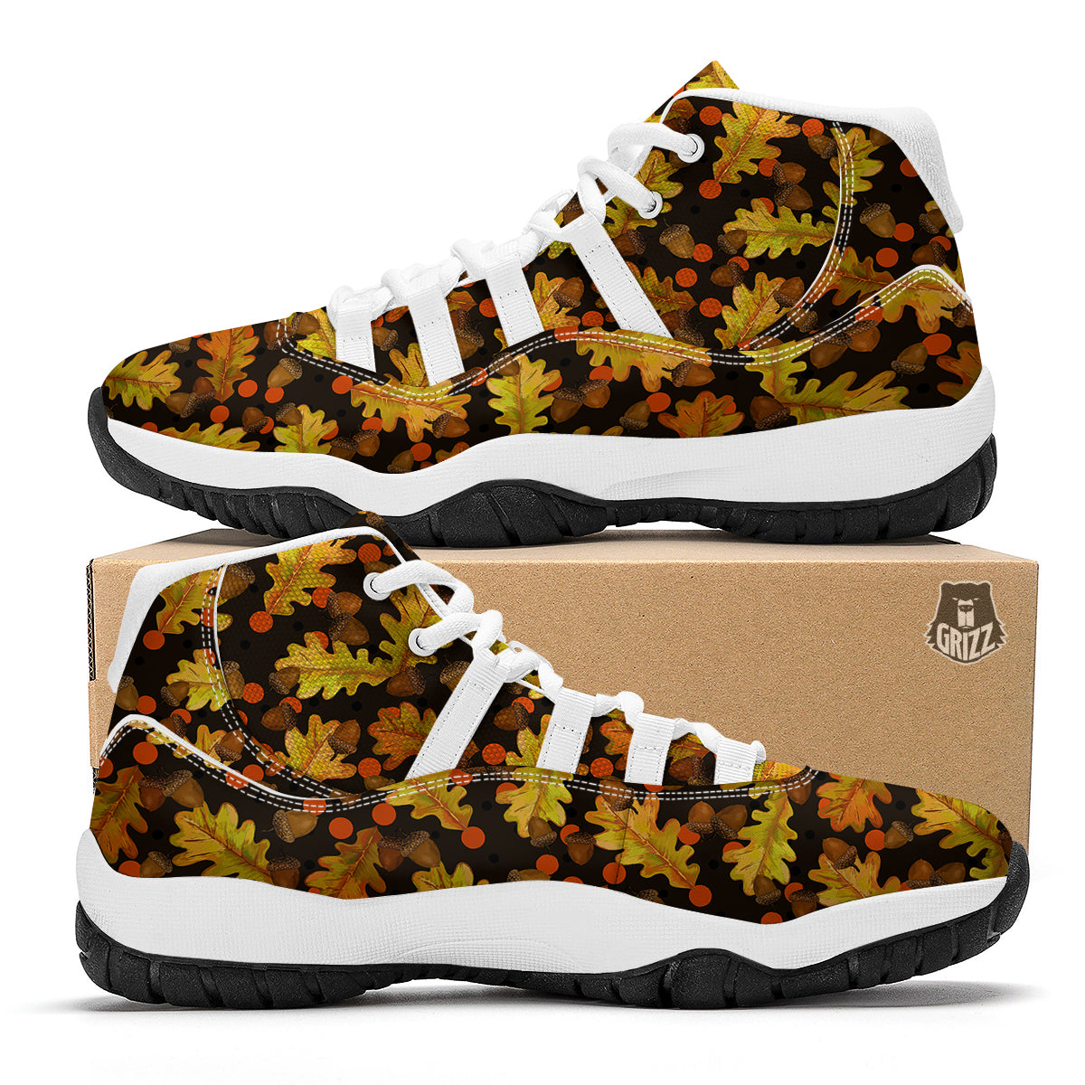 Acorn Leaf Print Pattern White Bball Shoes-grizzshop