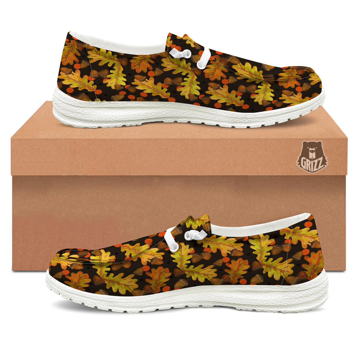 Acorn Leaf Print Pattern White Loafers-grizzshop