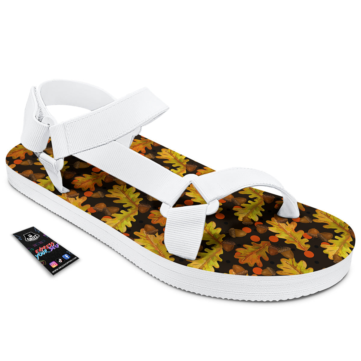 Acorn Leaf Print Pattern White Open Toe Sandals-grizzshop