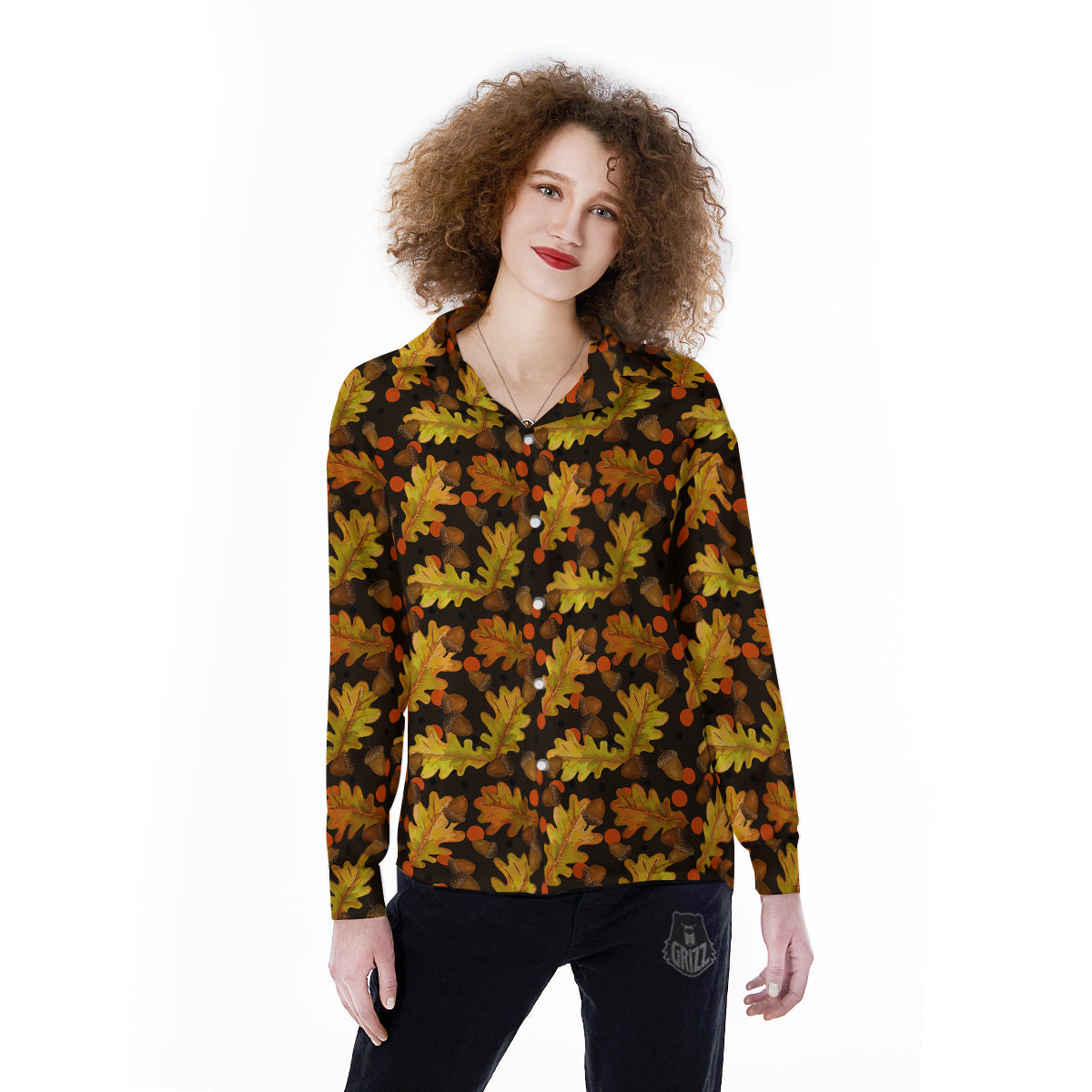 Acorn Leaf Print Pattern Women's Long Sleeve Shirts-grizzshop