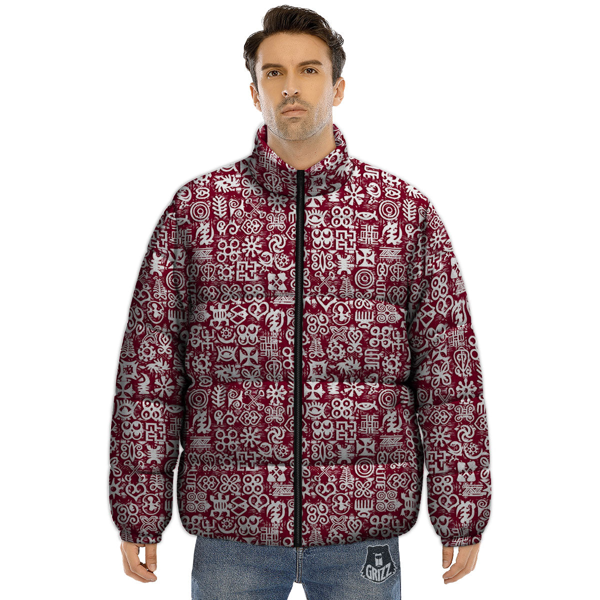 Adinkra African Tribe Red Symbols Puffer Jacket-grizzshop