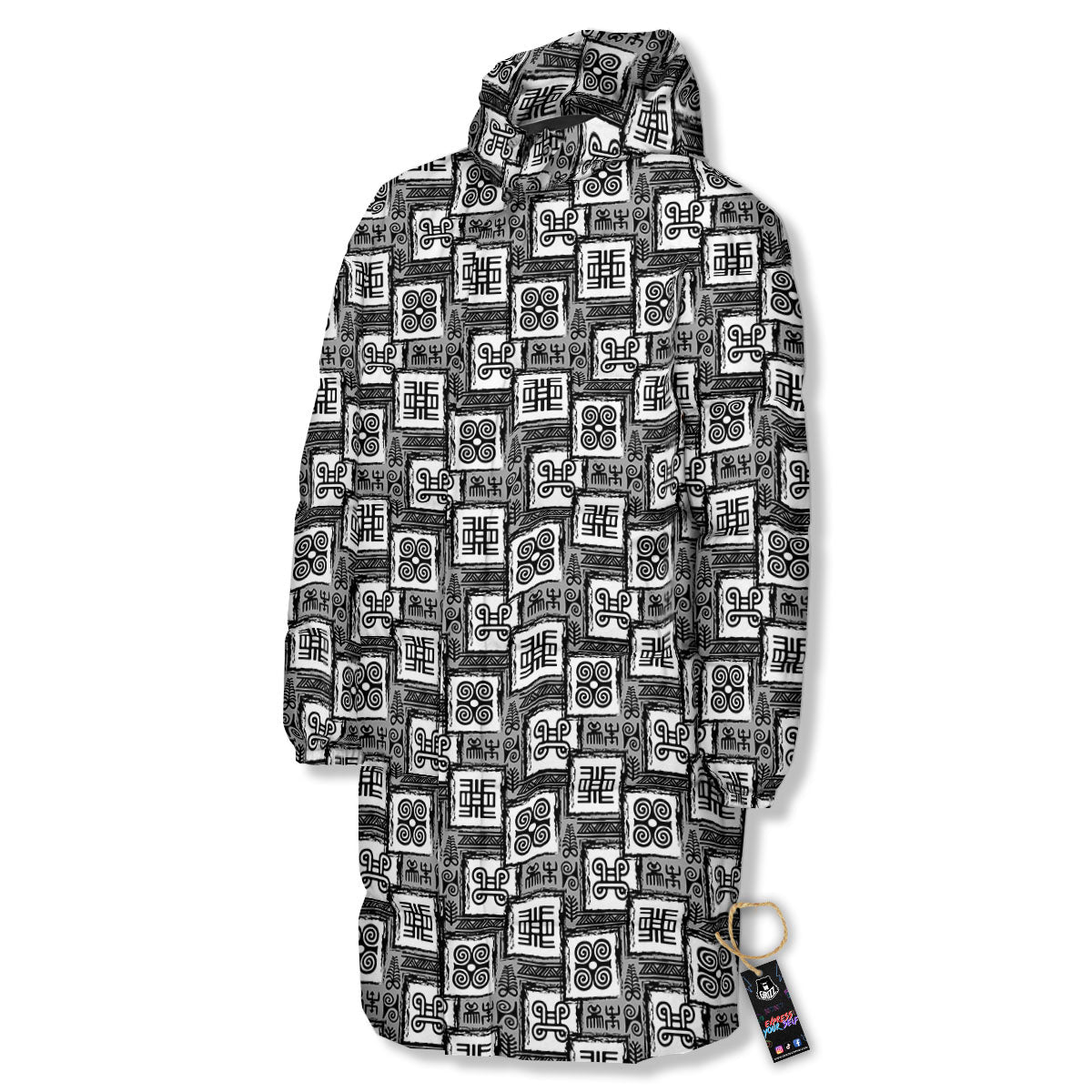 Adinkra Symbols Grey African Print Long Down Jacket-grizzshop