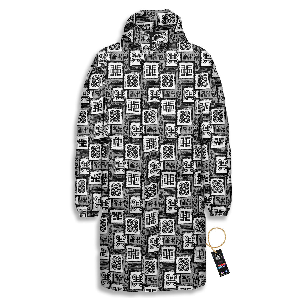 Adinkra Symbols Grey African Print Long Down Jacket-grizzshop