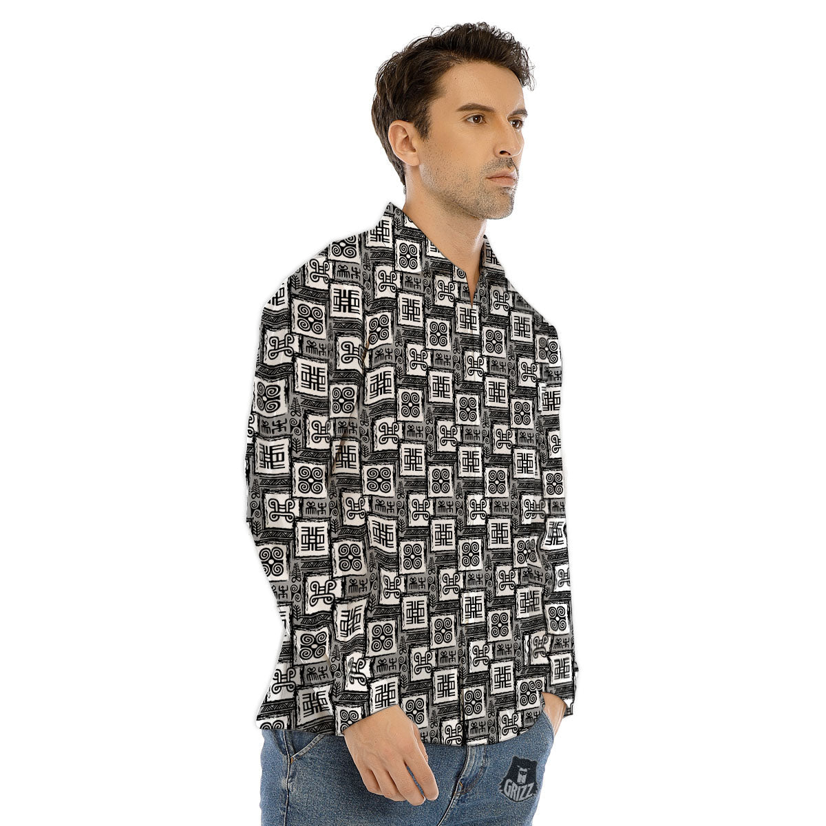 Adinkra Symbols Grey African Print Men's Dress Shirts-grizzshop