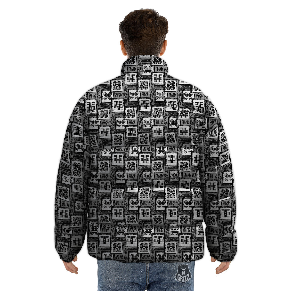 Adinkra Symbols Grey African Print Puffer Jacket-grizzshop