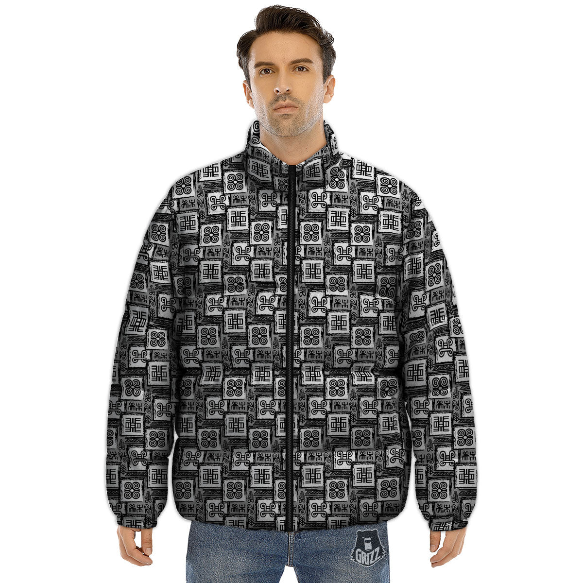 Adinkra Symbols Grey African Print Puffer Jacket-grizzshop