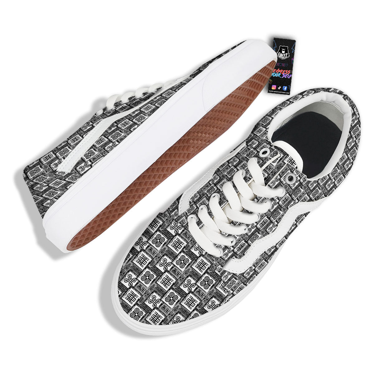 Adinkra Symbols Grey African Print Skate Shoes-grizzshop