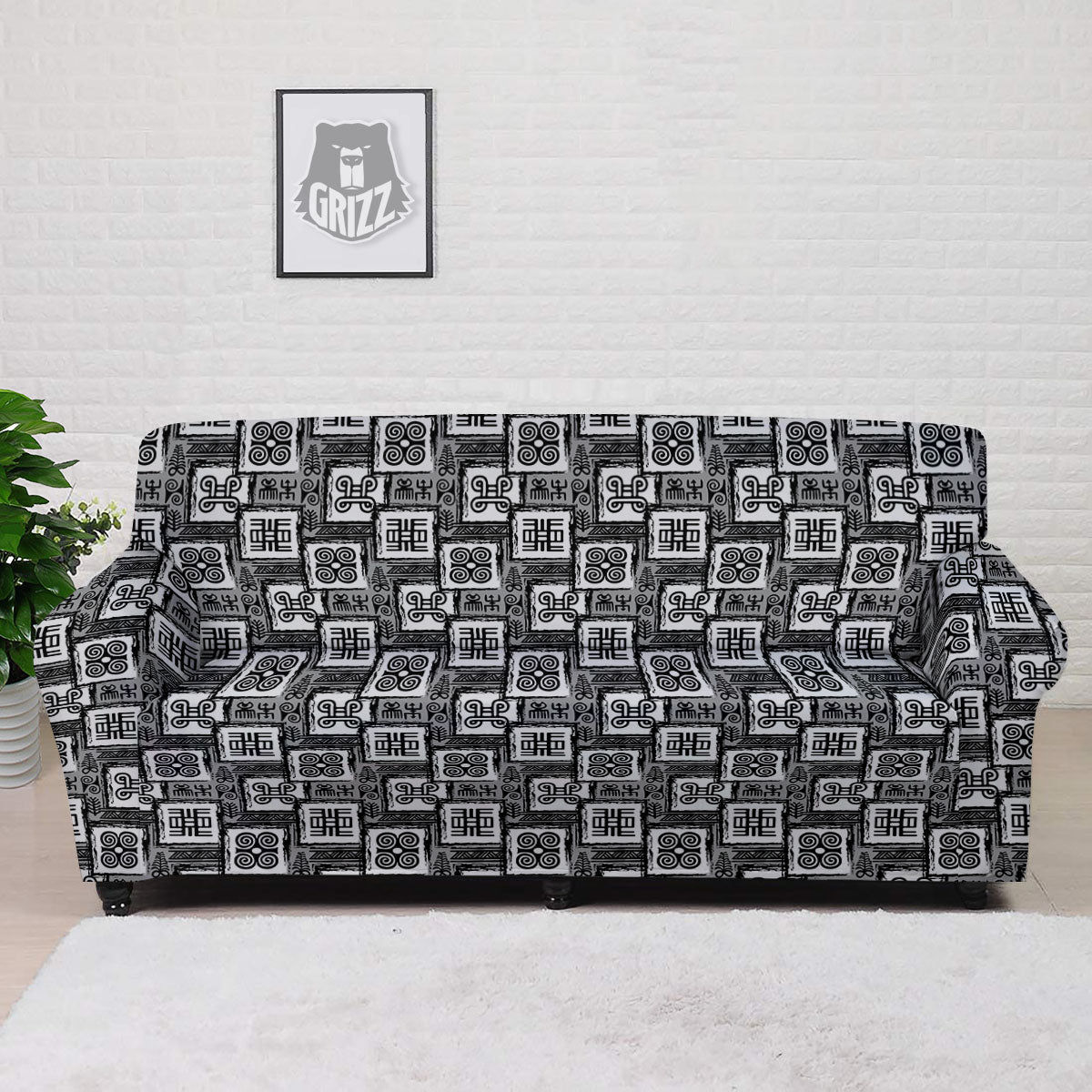 Adinkra Symbols Grey African Print Sofa Cover-grizzshop