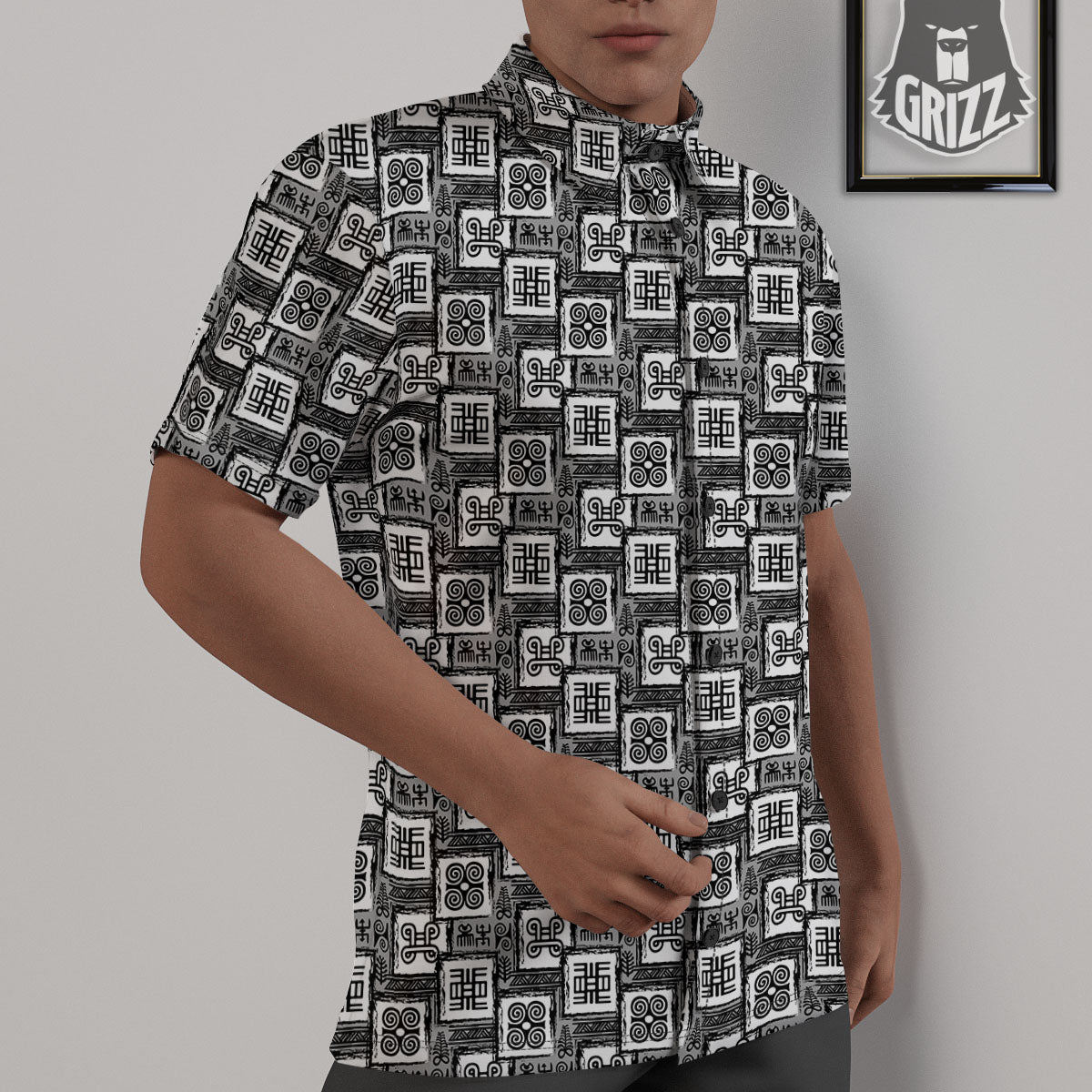 Adinkra Symbols Grey African Print Untucked Shirts-grizzshop