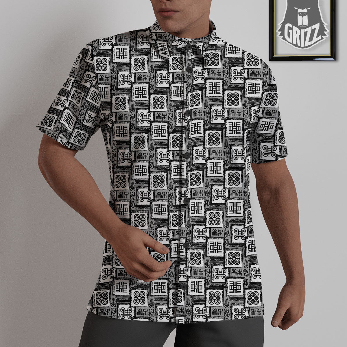Adinkra Symbols Grey African Print Untucked Shirts-grizzshop