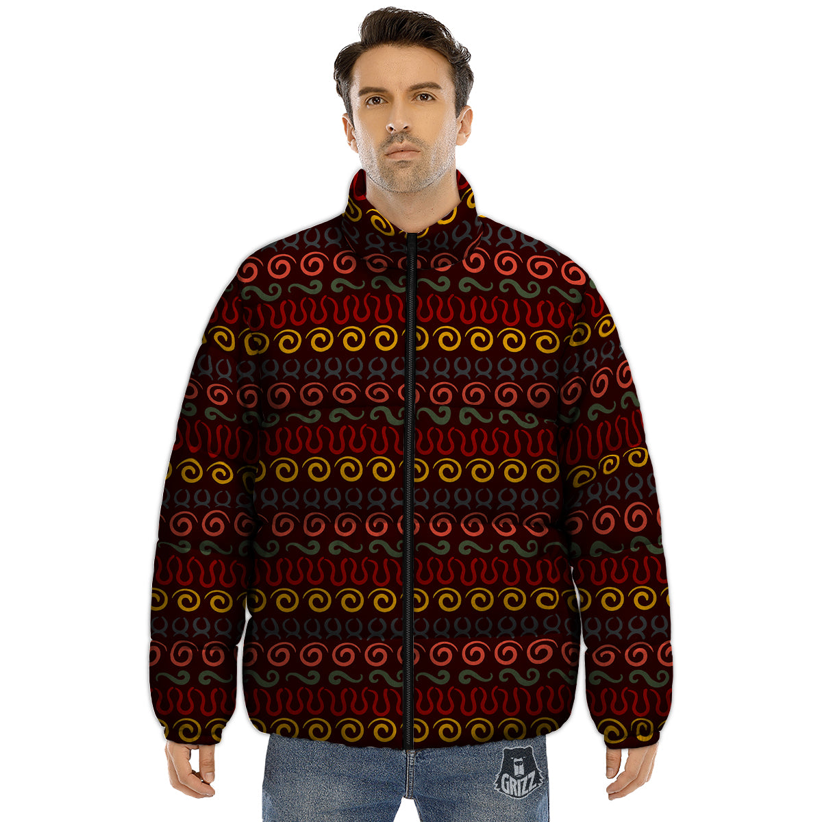 Adinkra Symbols West Print Pattern Puffer Jacket-grizzshop