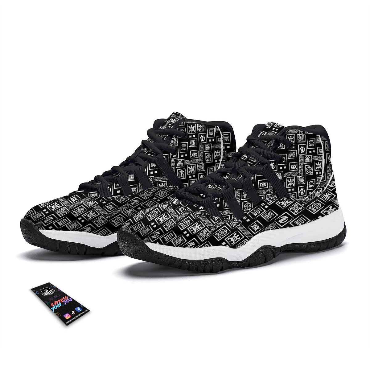 Adinkra Symbols White And Black Print Pattern Black Bball Shoes-grizzshop