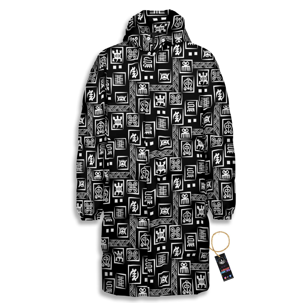 Adinkra Symbols White And Black Print Pattern Long Down Jacket-grizzshop