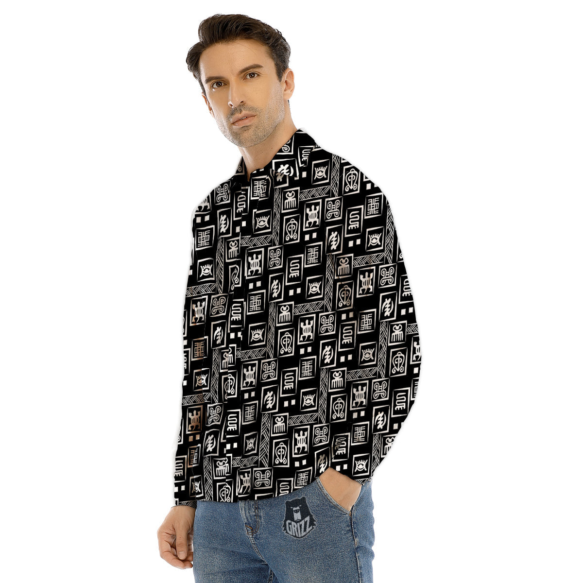 Adinkra Symbols White And Black Print Pattern Men's Dress Shirts-grizzshop