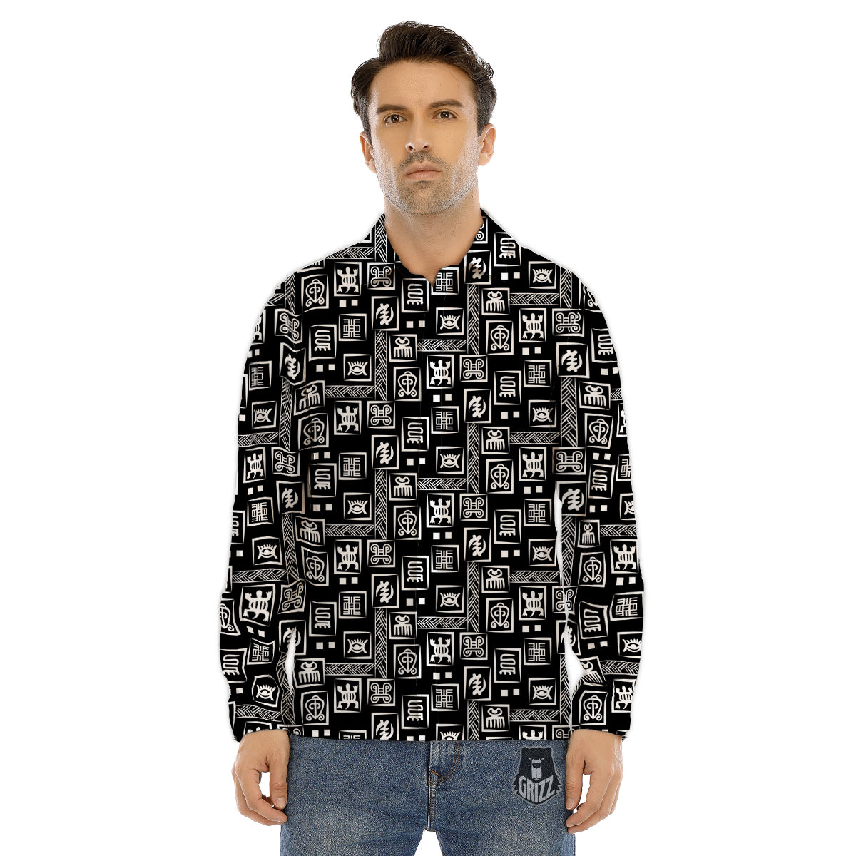 Adinkra Symbols White And Black Print Pattern Men's Dress Shirts-grizzshop