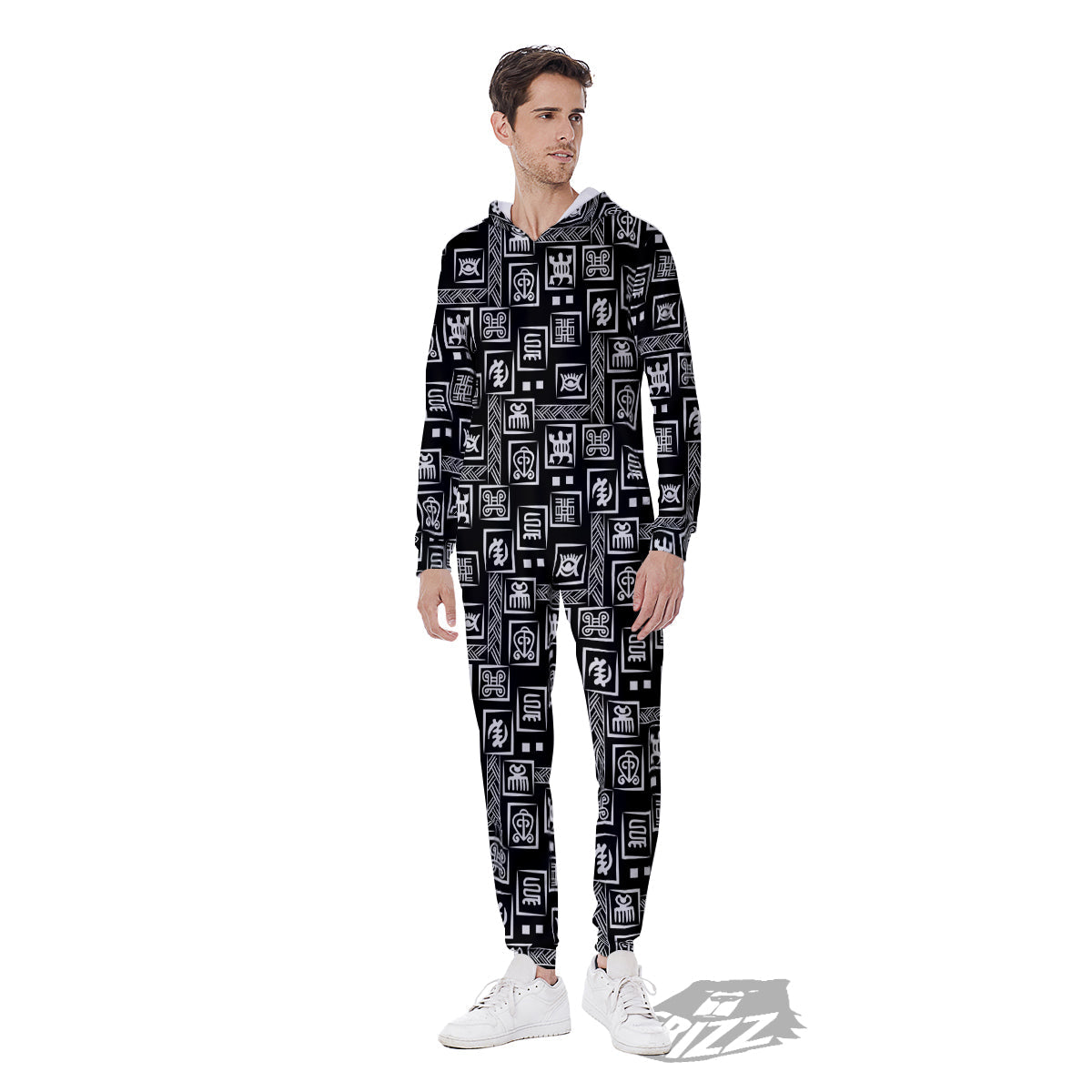Adinkra Symbols White And Black Print Pattern Men's Jumpsuit-grizzshop